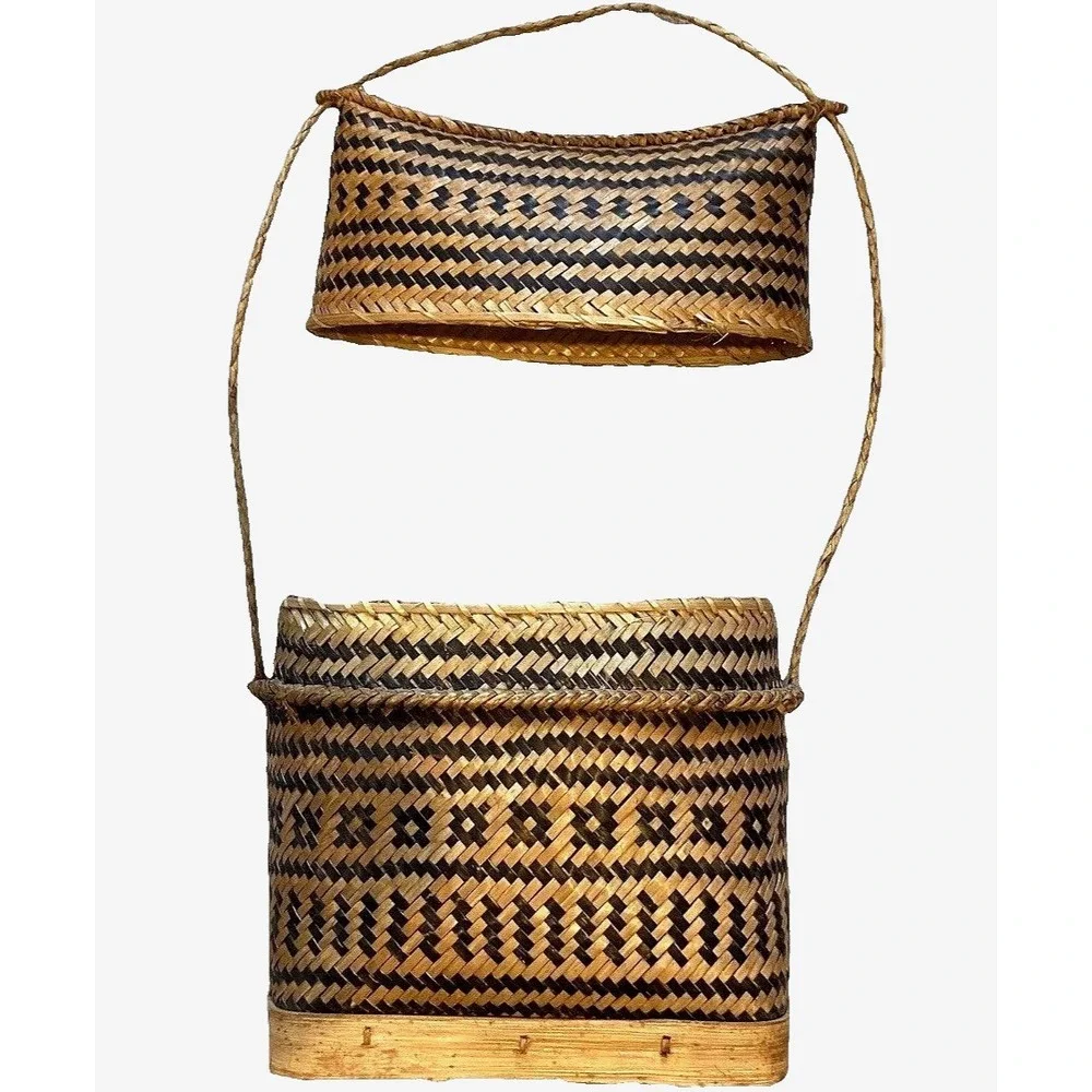 Vtg Philippine Tribal Double Weave Basket Lidded Shoulder Bag Tiruray Ifugao Art